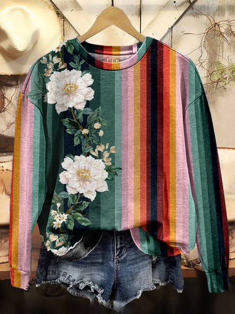 Floral Stripes Print Casual Cotton Sweatshirt