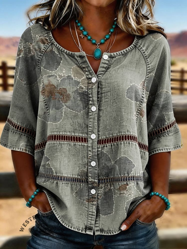 Women's Vintage Floral Print Casual Hollow-Out Denim Shirt
