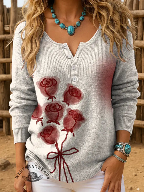 Retro rose Print Buttoned Cardigan Sweater
