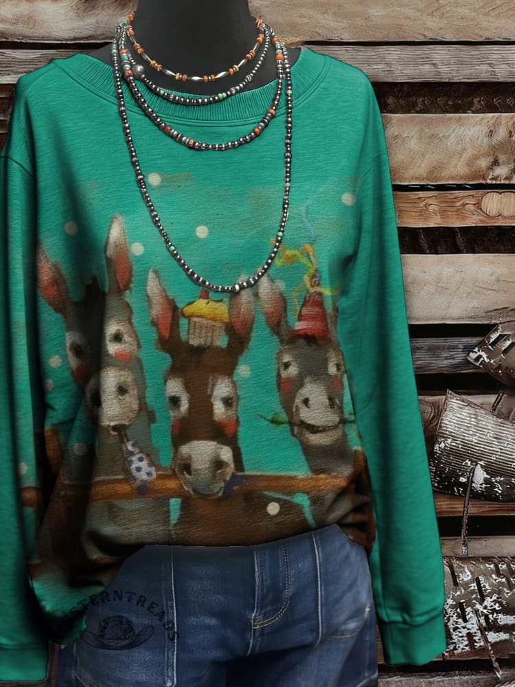 Vintage Donkey Art Print Casual Cotton Sweatshirt