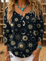Retro Sun And Moon Print Buttoned Cardigan Sweater