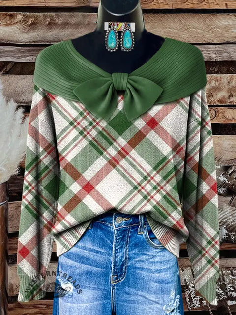 Women's Christmas plaid Print Casual Cotton sweater