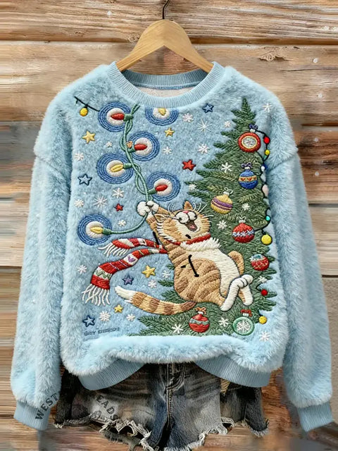 Women's Christmas Cat Embroidery Art Print Cozy Plush Sweater