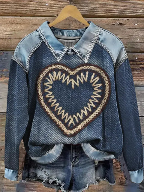 Art Print Casual Denim Patchwork Sweatshirt