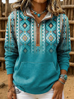 Retro Aztec Print Casual Half-zip Cotton Sweatshirt