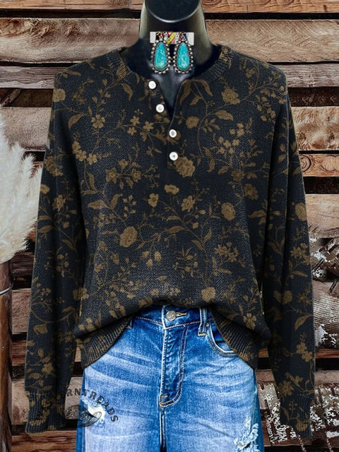 Retro Floral Print Buttoned Cardigan Sweater