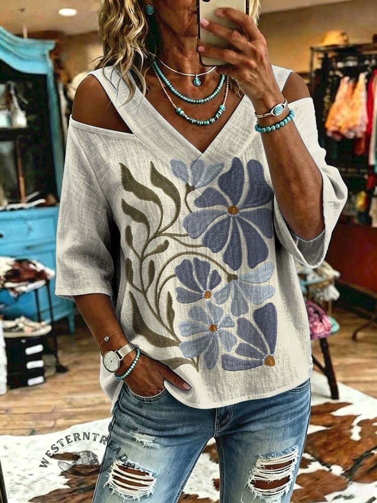 Women's Vintage Flowers Print Off-shoulder Patchwork Casual Shirt
