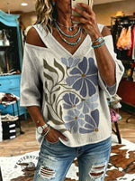 Women's Vintage Flowers Print Off-shoulder Patchwork Casual Shirt