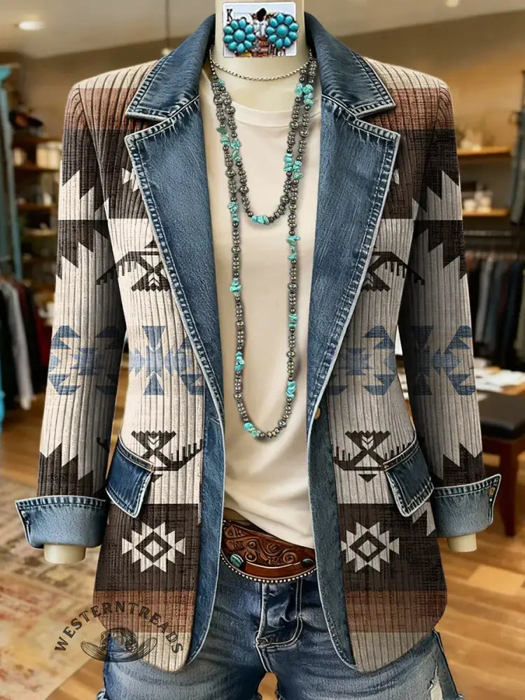Aztec Art Print Patchwork Denim Sweater Cardigan Coat