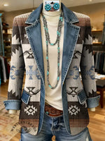 Aztec Art Print Patchwork Denim Sweater Cardigan Coat