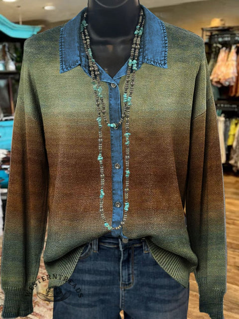 Denim Abstract Polo Collar Button Cardigan Sweater