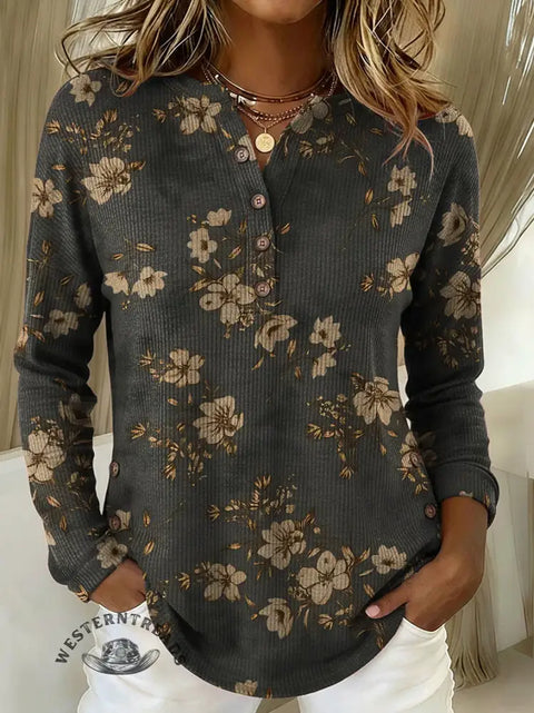 Women's Retro Floral Print Casual Cotton Shirt