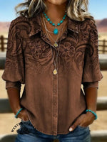 Retro Floral Print Casual Hollow Denim Shirt