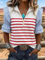 Vintage Art Patchwork Ruffled Stripes Casual Shirt