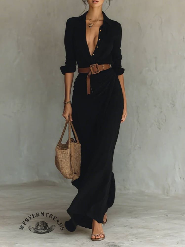 Long Sleeve Half Button Turndown Collar Ruched Belt Maxi Dresses