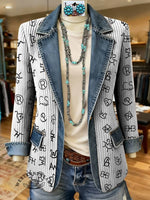 Cattle Brand Print Patchwork Denim Sweater