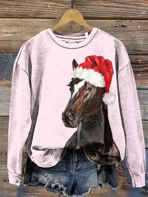 Horse Wearing A Santa Hat Casual Cotton Sweatshirt