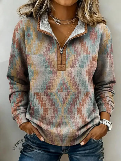 Retro Aztec Print Casual Half-zip Cotton Sweatshirt