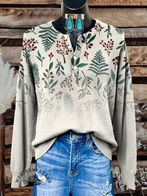 Retro Christmas Floral Art Print Buttoned Cardigan Sweater