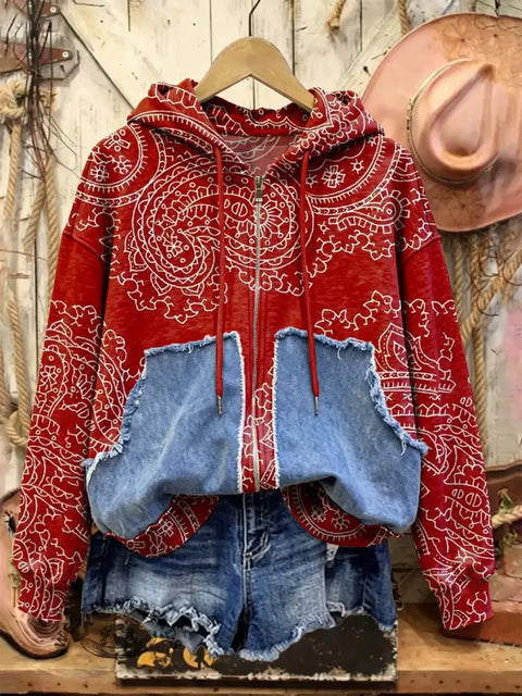 Retro Western Print Casual Cotton Patchwork Hooded Zip-up Sweatshirt