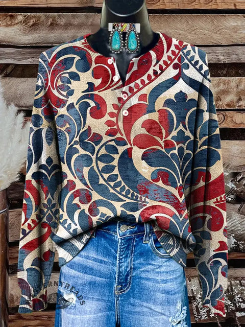 Retro Art Floral Print Casual Cotton Sweatshirt