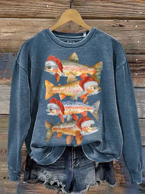 Fish Wearing A Santa Hat Print Casual Cotton Sweatshirt