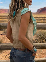 Women's Western V Neck Ruffled Sleeveless Shirt