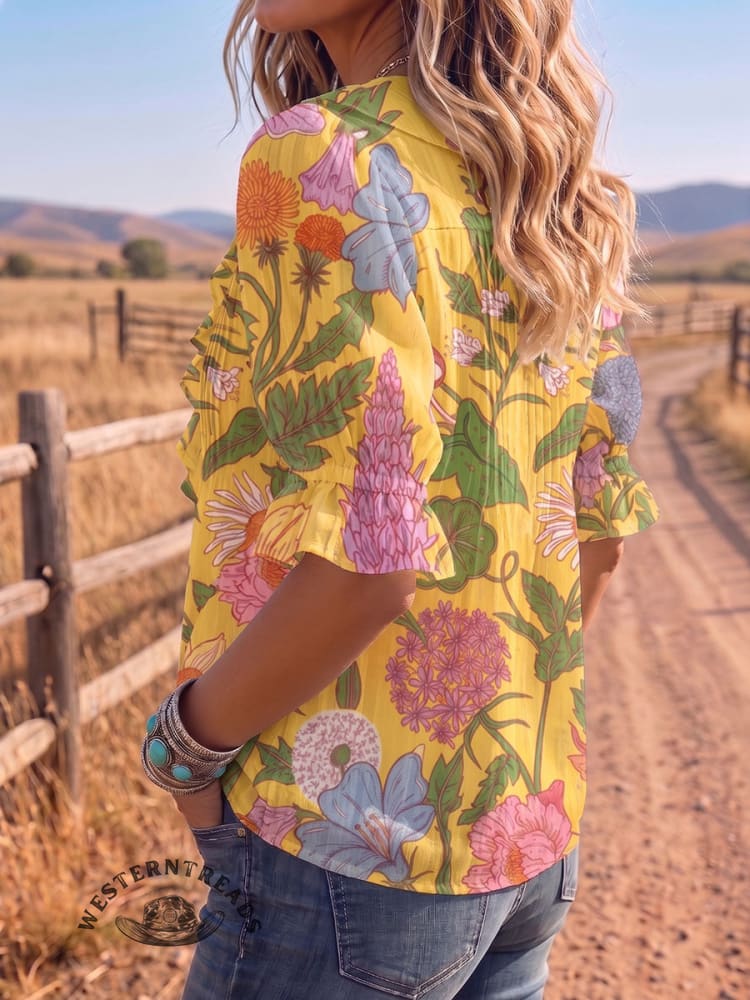 Vintage Art Print Comfortable Summer Fabrics Puff Sleeve Casual Shirt