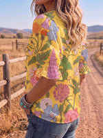 Vintage Art Print Comfortable Summer Fabrics Puff Sleeve Casual Shirt