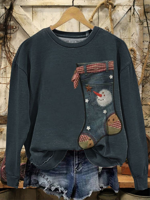 Christmas Art Print Casual Cotton Sweatshirt