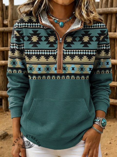 Retro Aztec Print Casual Half-zip Cotton Sweatshirt