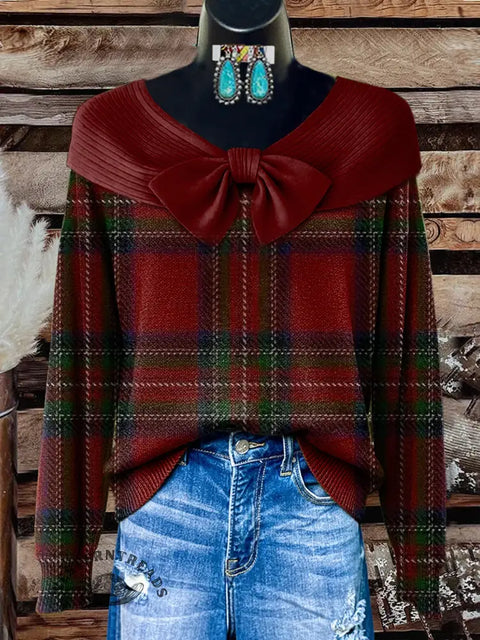 Women's Christmas Color Plaid Print Casual Cotton Sweater