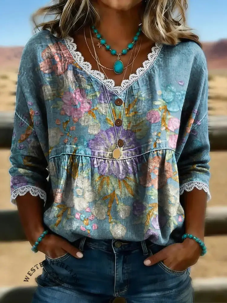 Women's Vintage Flower Print Casual Hollow-out Denim Shirt
