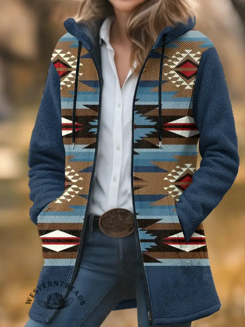 Aztec Print Unisex Plush Thick Long-sleeved Cardigan Coat