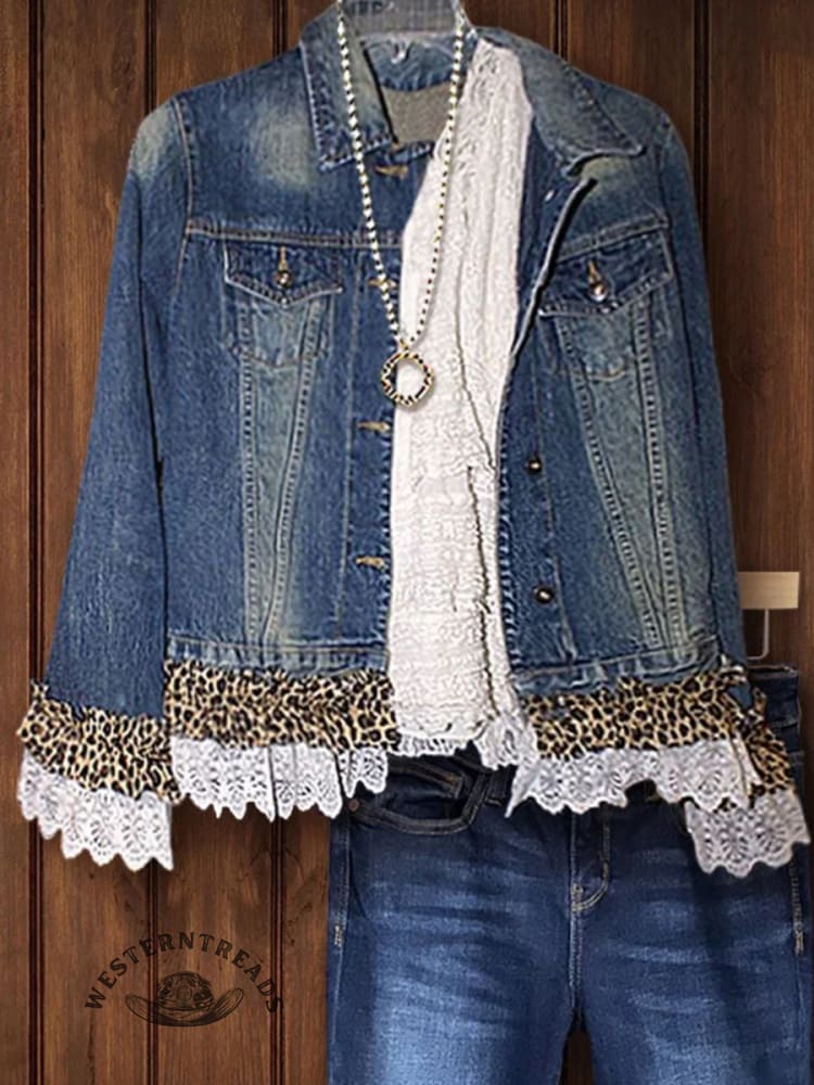Retro Aztec Art Print Casual Patchwork Denim Jacket