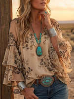 Vintage Floral Print Casual V-Neck Ruffled Chiffon Shirt