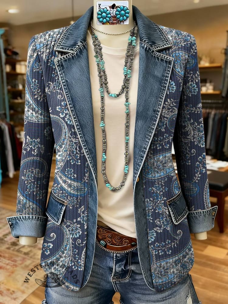 Paisley Print Patchwork Denim Coat
