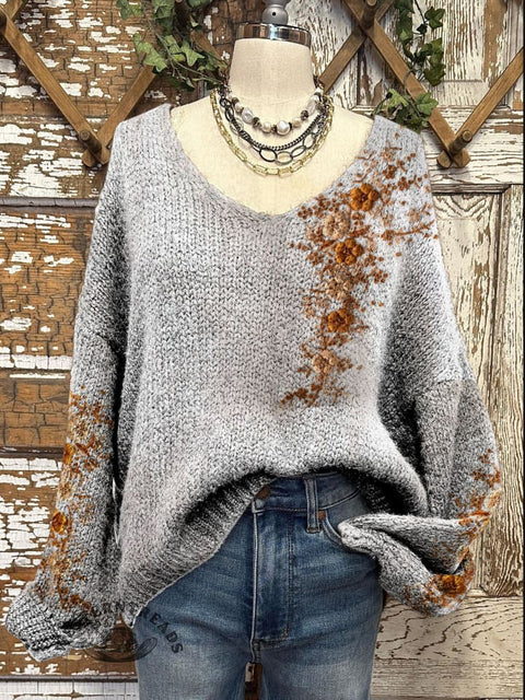 Women's Floral Art Pattern Print Casual V-neck Pullover Knit Top