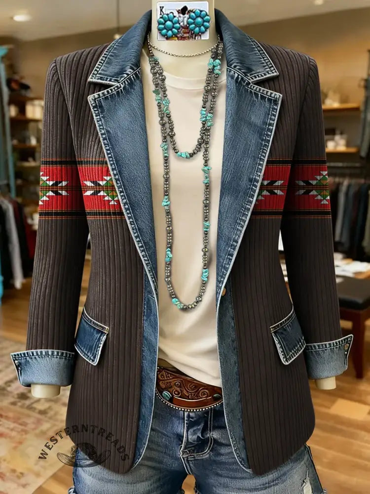 Retro Aztec Art Pattern Print Patchwork Denim Sweater Cardigan Coat