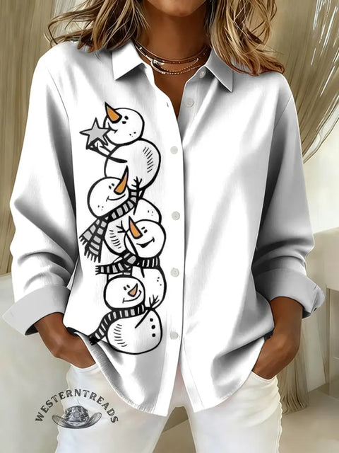 Women's snowman Print Casual Cotton Shirt
