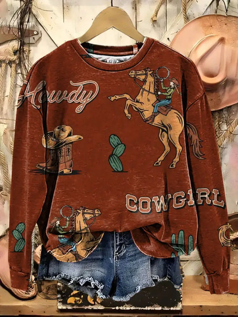 Retro Western Art Print Casual Cotton Sweatshirt