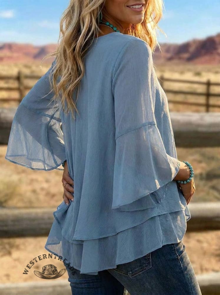 Boho Layered Chiffon Blouse • Bell Sleeve V-neck Top