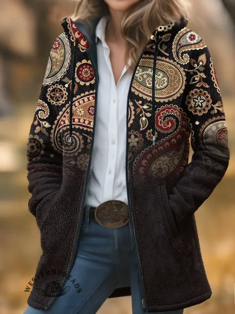 Retro Paisley Gradient Unisex Plush Thick Long-sleeved Cardigan Coat