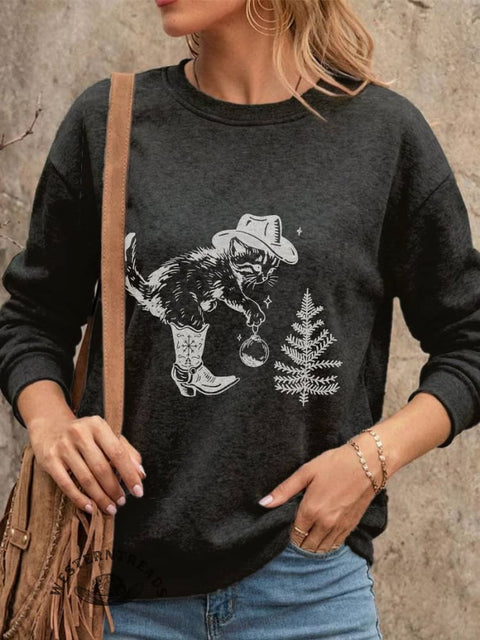 Christmas Western Cat Print Casual Cotton Sweatshirt