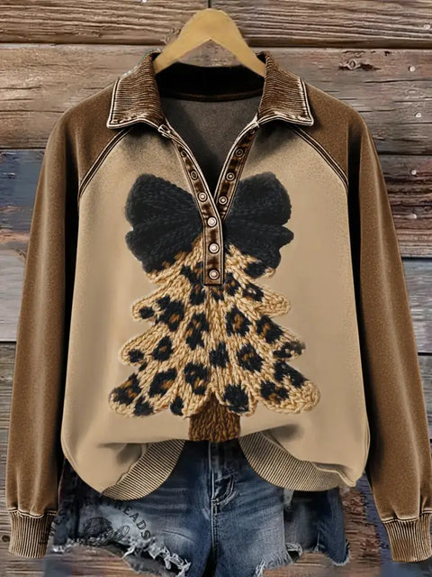 Leopard Christmas Tree Art Print Casual Sweatshirt