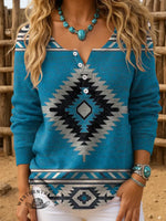Aztec Art Print Buttoned Cardigan Sweater