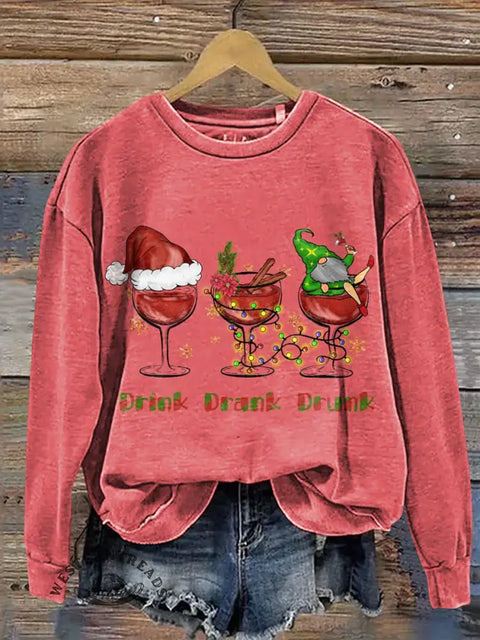 Funny Christmas red wine glass Claus Casual Cotton Sweatshirt