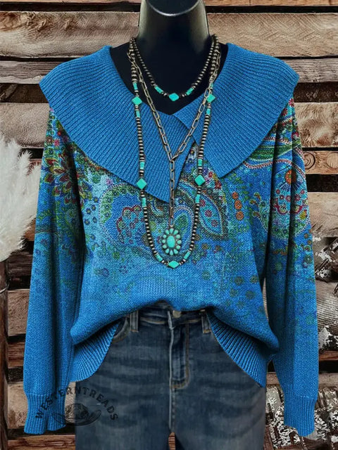 Paisley Art Print Casual Lapel Sweater
