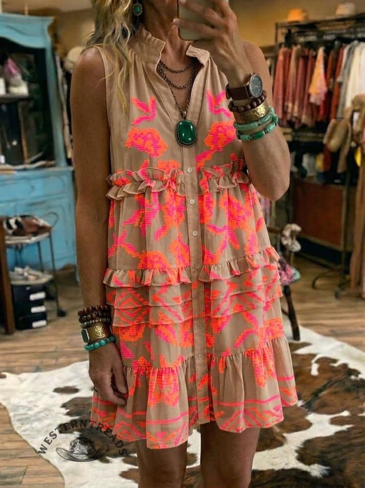 Vintage Floral Print Casual Ruffle Sleeveless Dress