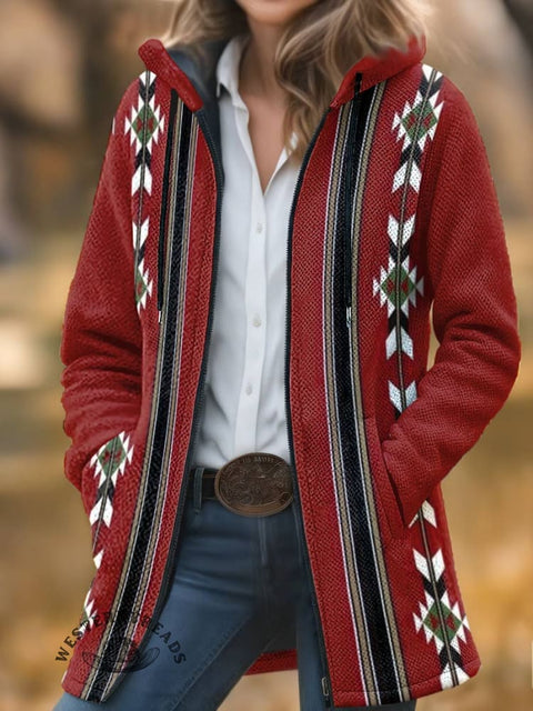 Aztec Print Unisex Plush Thick Long-sleeved Cardigan Coat